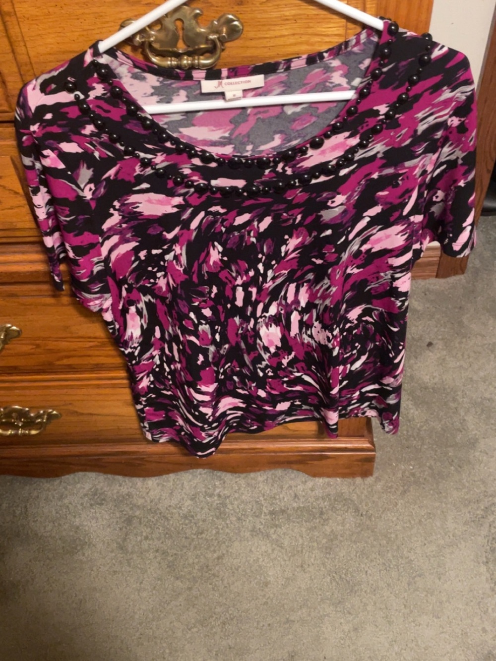 JM Collection Pink, Black & White Beaded-Neckline Short Sleeve Tee